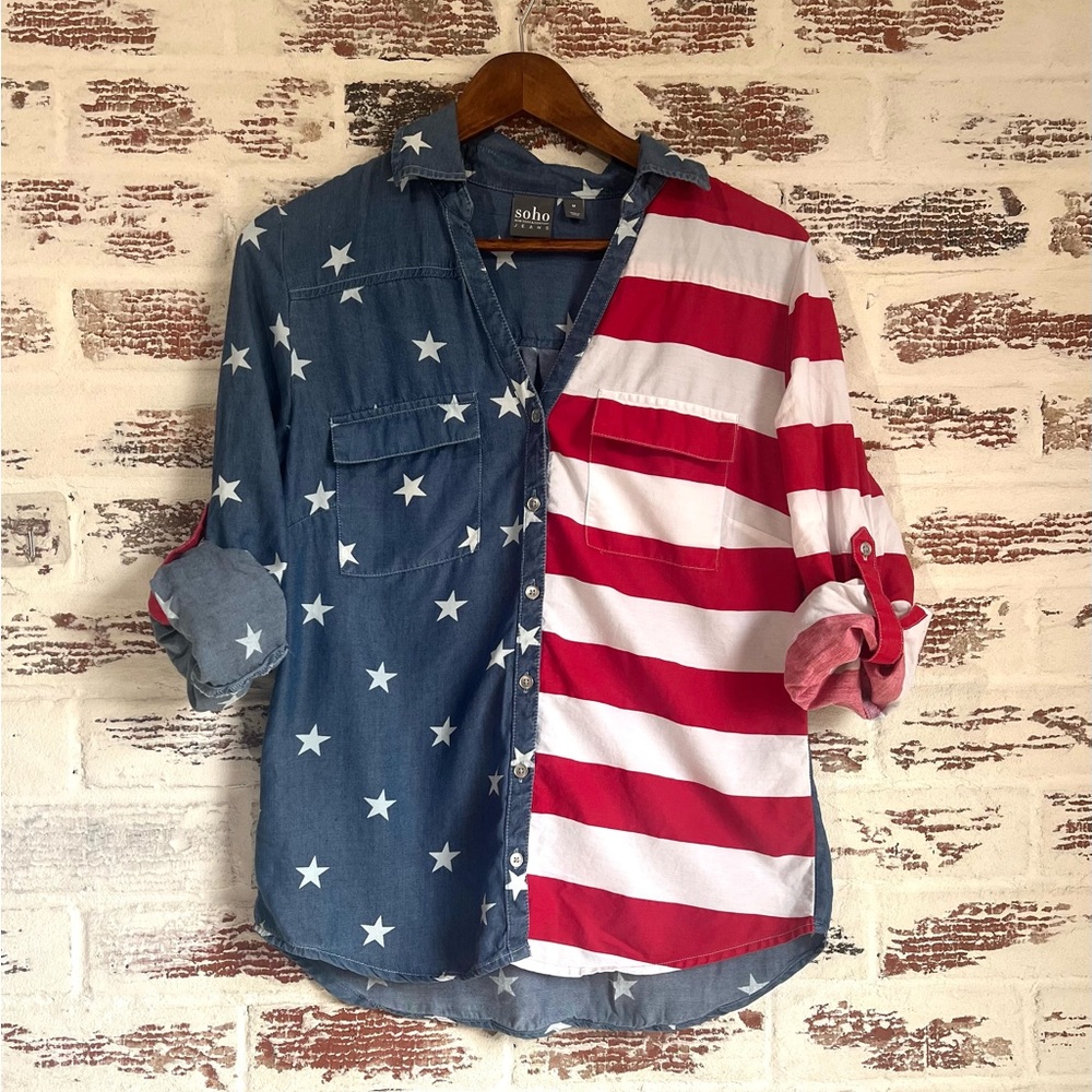 Soho NY&Co Americana Stars & Stripes Denim Button Down Shirt Patriotic Sz M - Picture 9 of 9